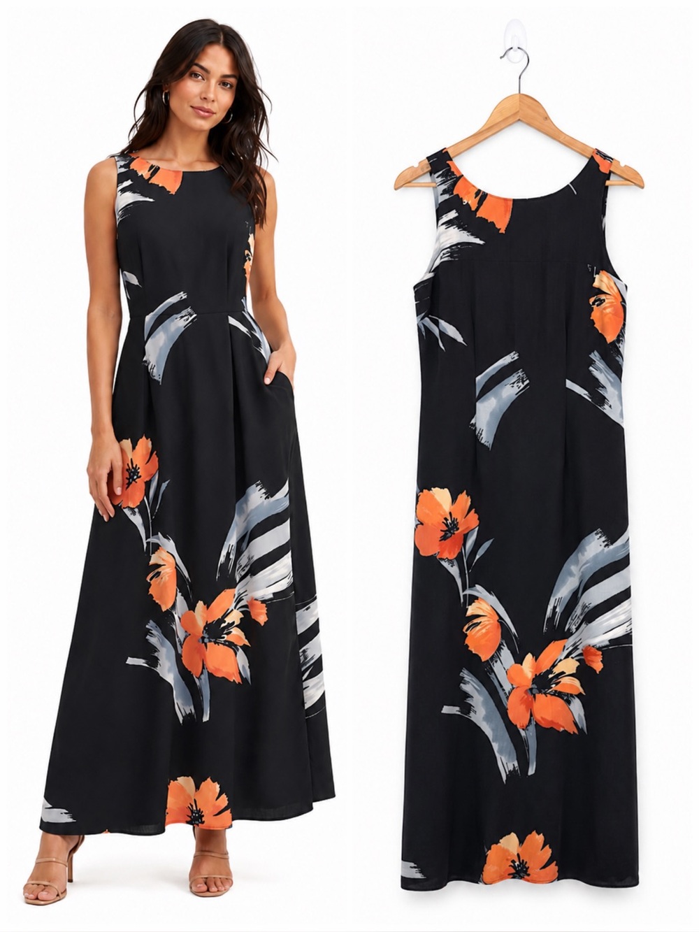 Vintage Tori Richard 100% Silk Floral Maxi Dress Black Hawaiian Medium